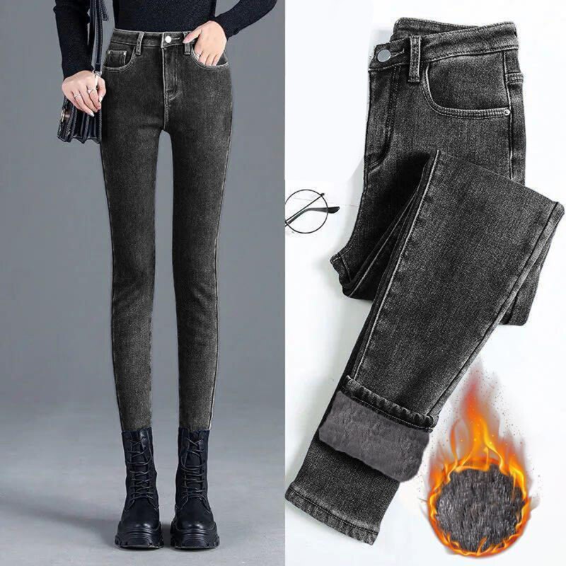 Thicken Stretch Skinny Fleece Jeans Winter Women Women High Waist Button Black Warm Jeans Lady Vintage Denim Pencil Korean Pants